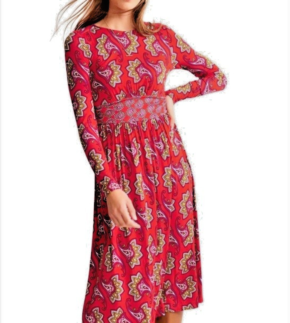 Boden 6R Women's Red Thea Long Sleeve Midi Jersey Dress Paisley Print Sundress